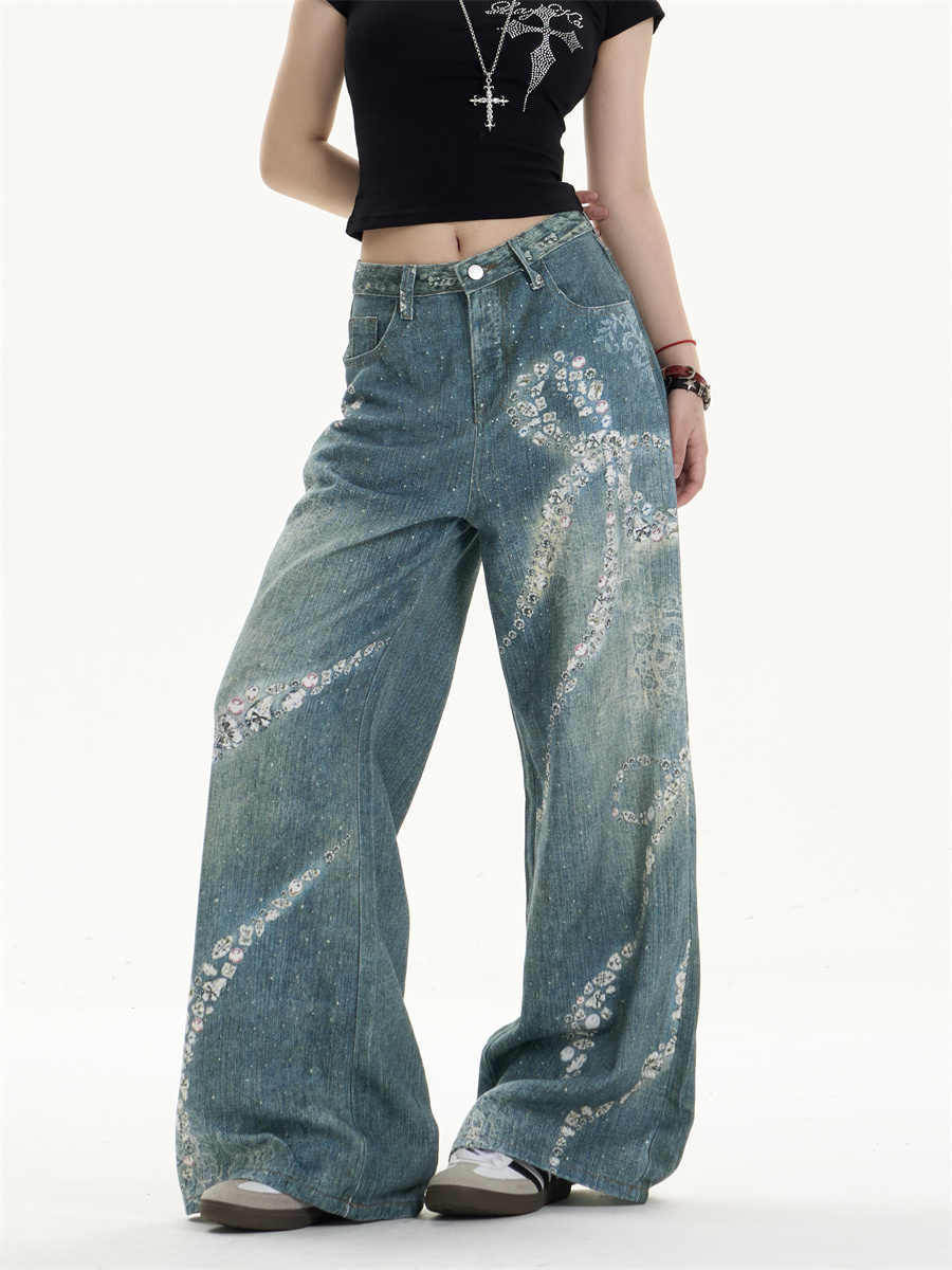 Jeans de perna larga com estampa de bowknot lindos com torção feminina