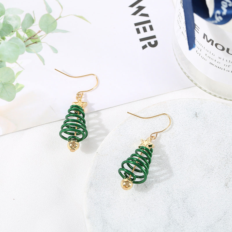 Festive Spiral Christmas Tree Drop Earrings with Golden Stud