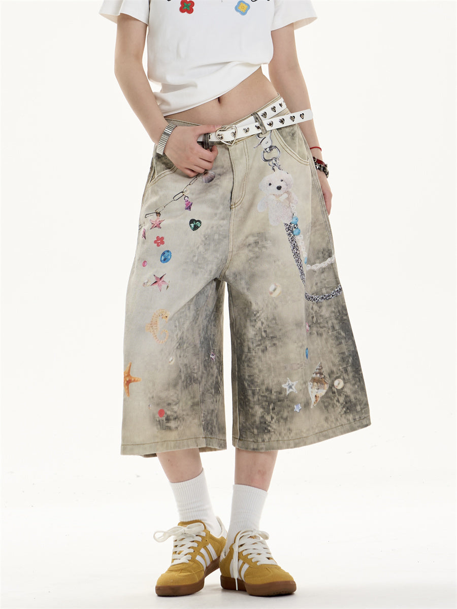 Creative Cropped Wide-Leg Jeans with Printed Art Flourish