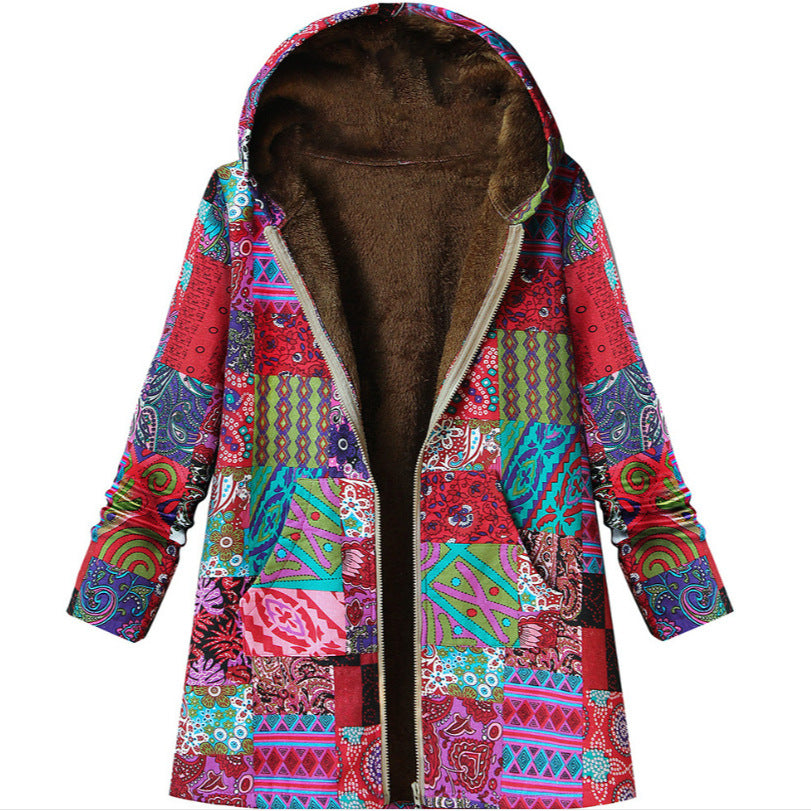Retro Warm Printed Pocket Thick Zippered Hooded Coat