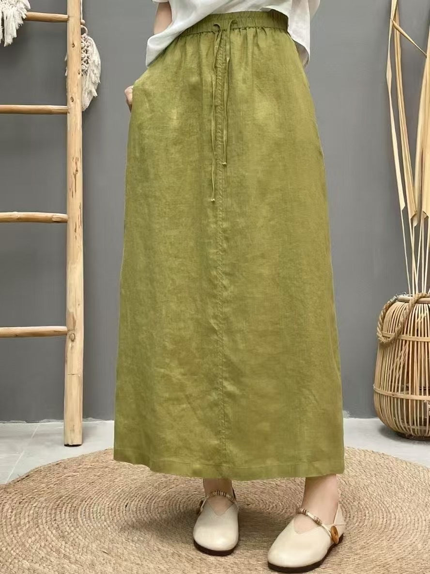 Lace Up Linnen Hoge taille rok met rugsplit