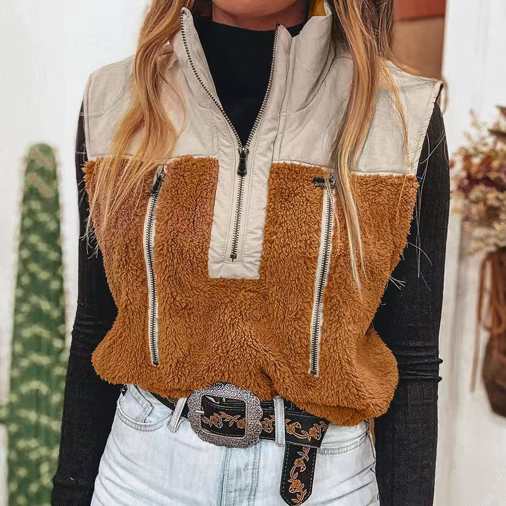 Women's Casual Stand Collar Stitching Wool Vest