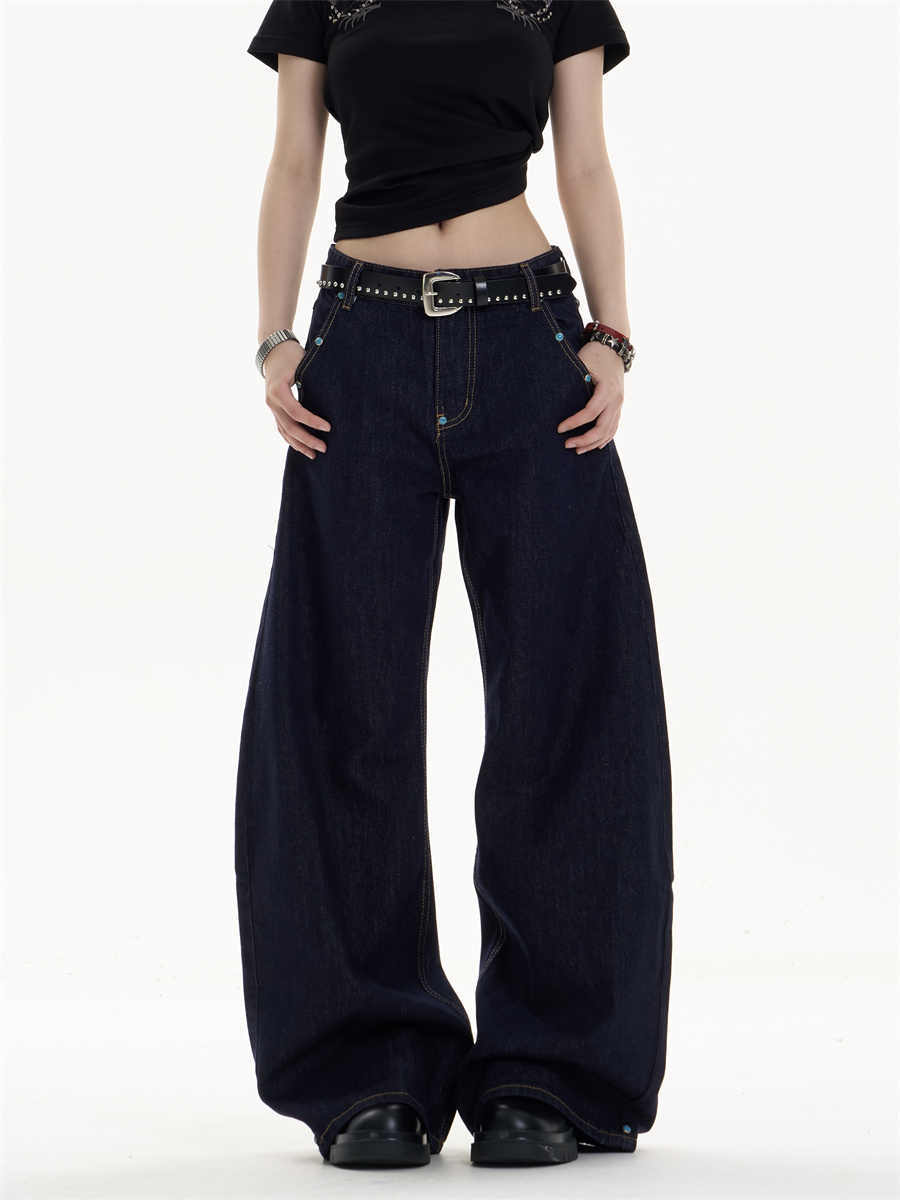 Retro Dark Blue Straight Jeans with Loose Wide-Leg Fit