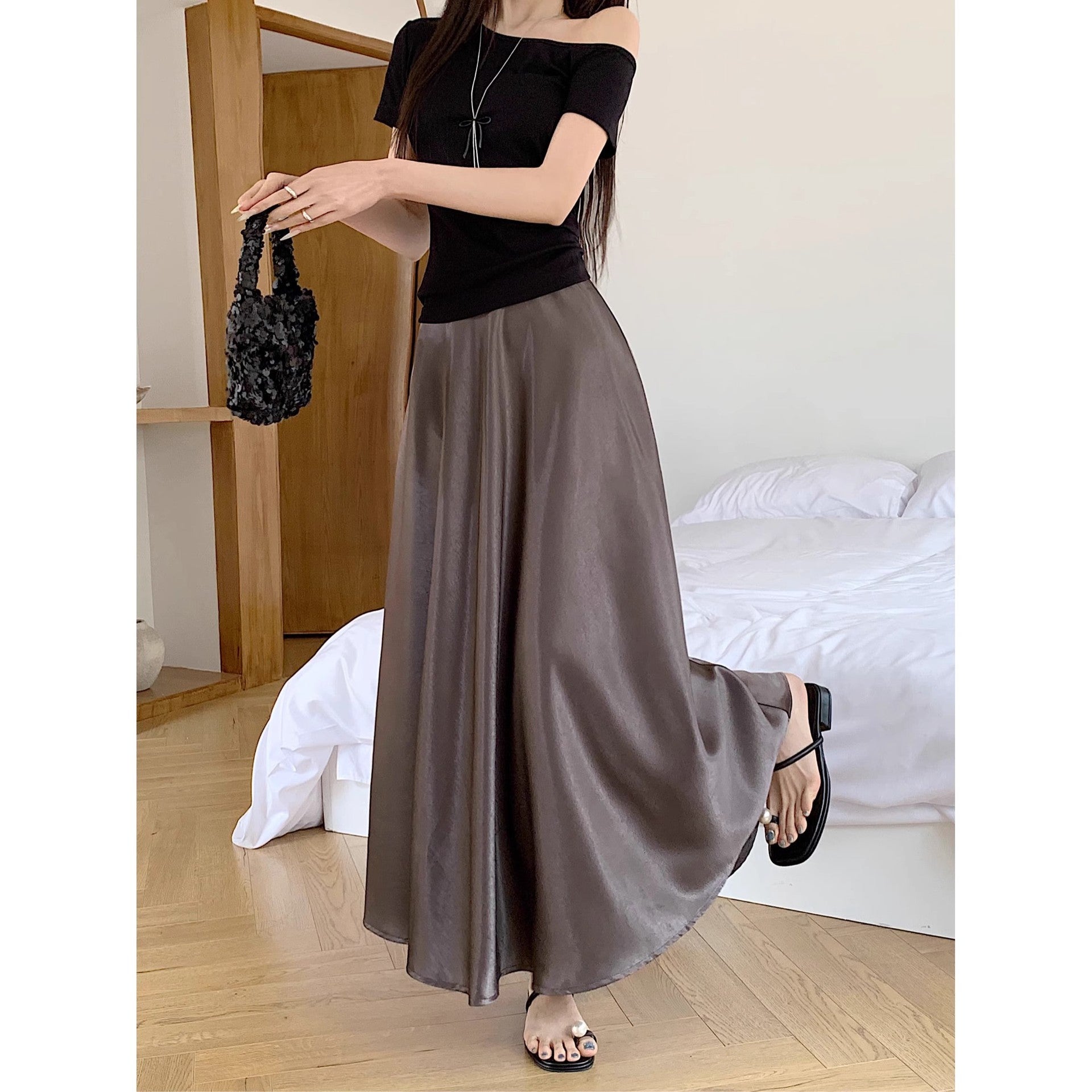 Acetate Satin Draped Skirt For Casual Versatile Styling