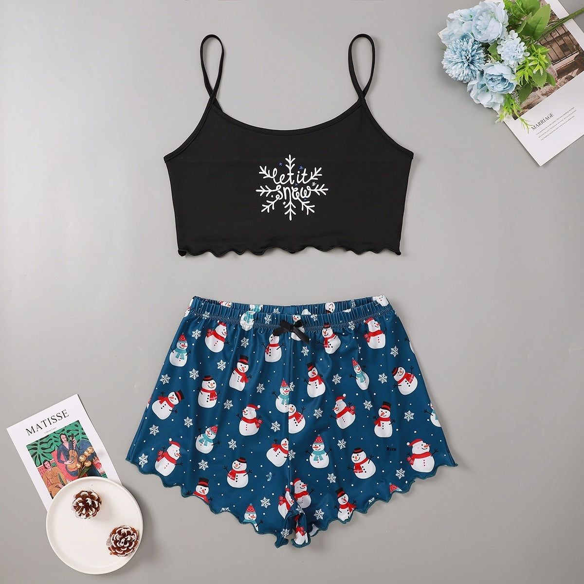 Women's Adorable Two Piece Christmas Pajama Crop Top and Shorts Set