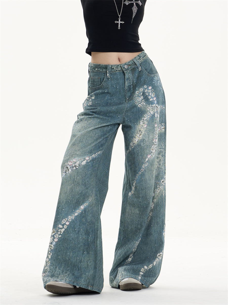 Jeans de perna larga com estampa de bowknot lindos com torção feminina