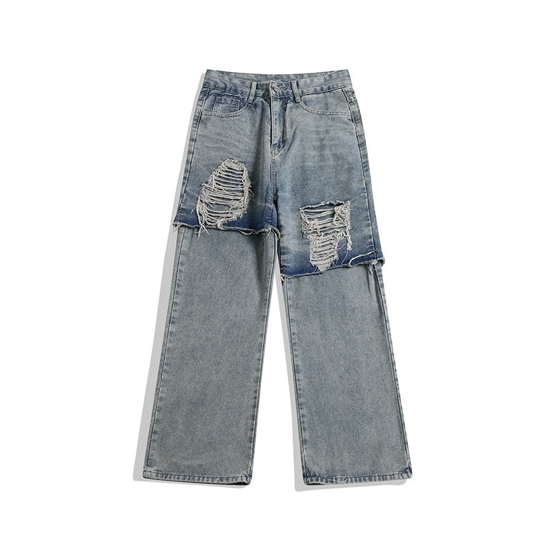 Jeans robek yang dicelupkan lumpur ukuran plus dengan energi kasar kasual