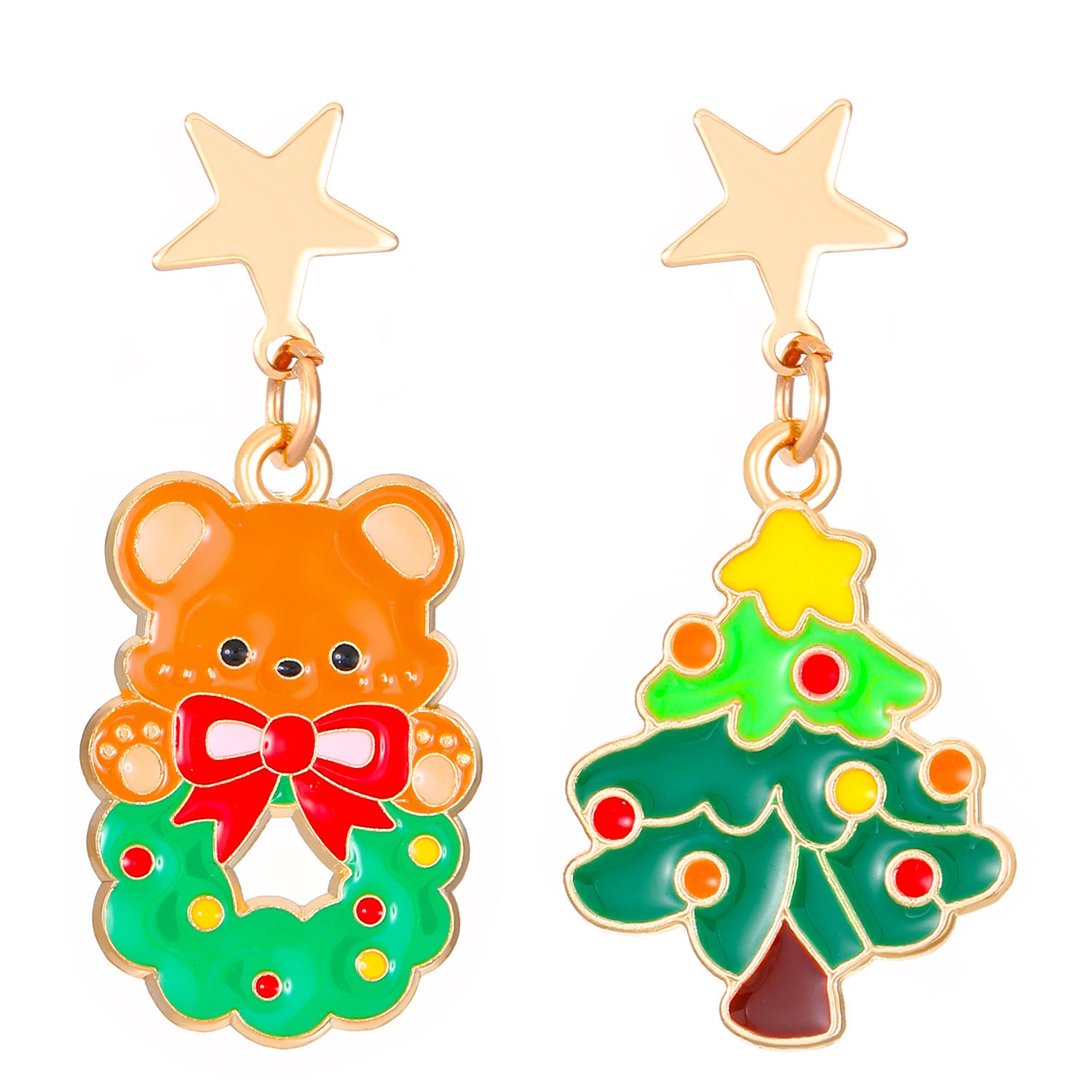 Whimsical Enamel and Metal Stud Back Christmas Themed Drop Earrings