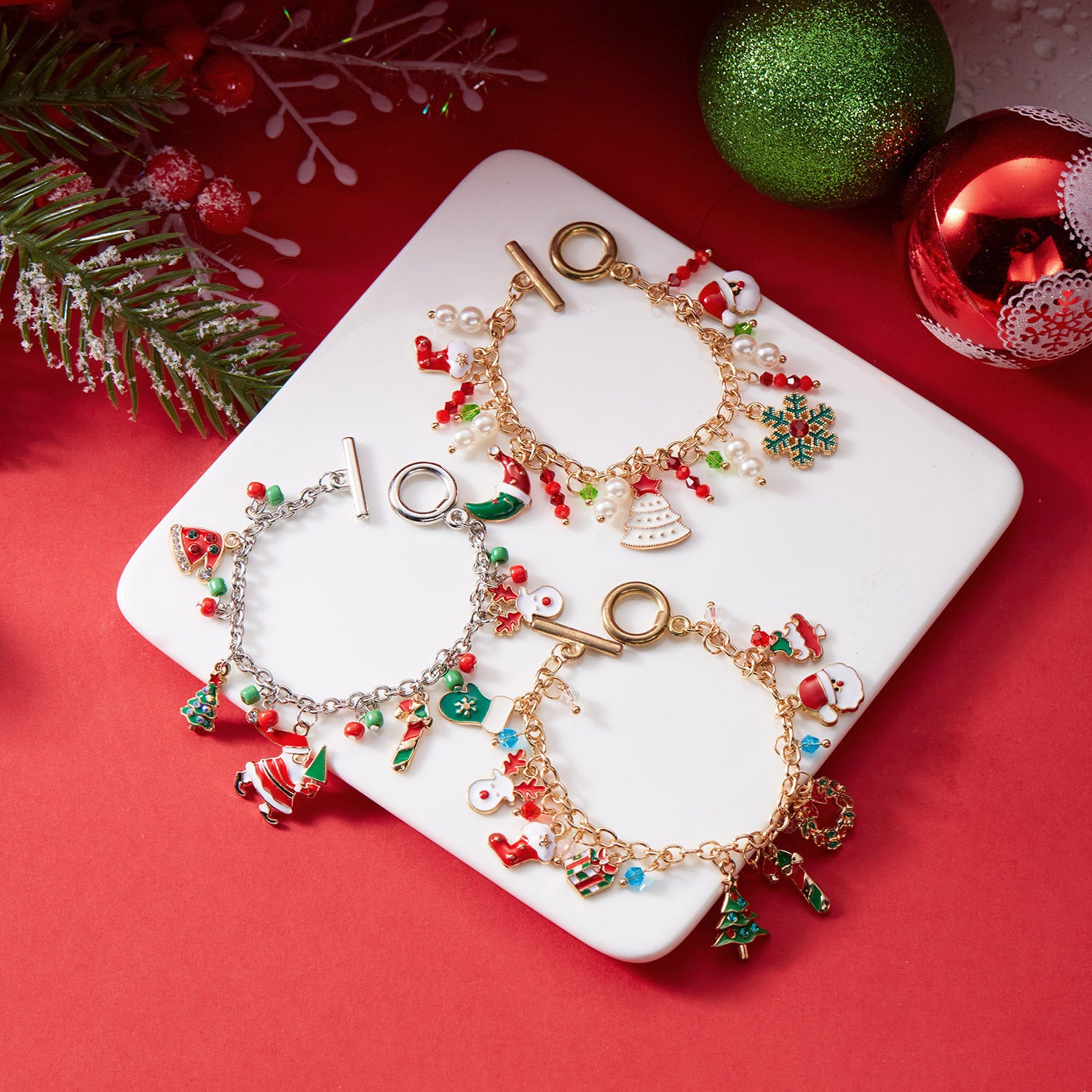 Christmas Rhinestone-Accent Enameled Toggle-Clasp Women's Charm Bracelet in Assorted Styles