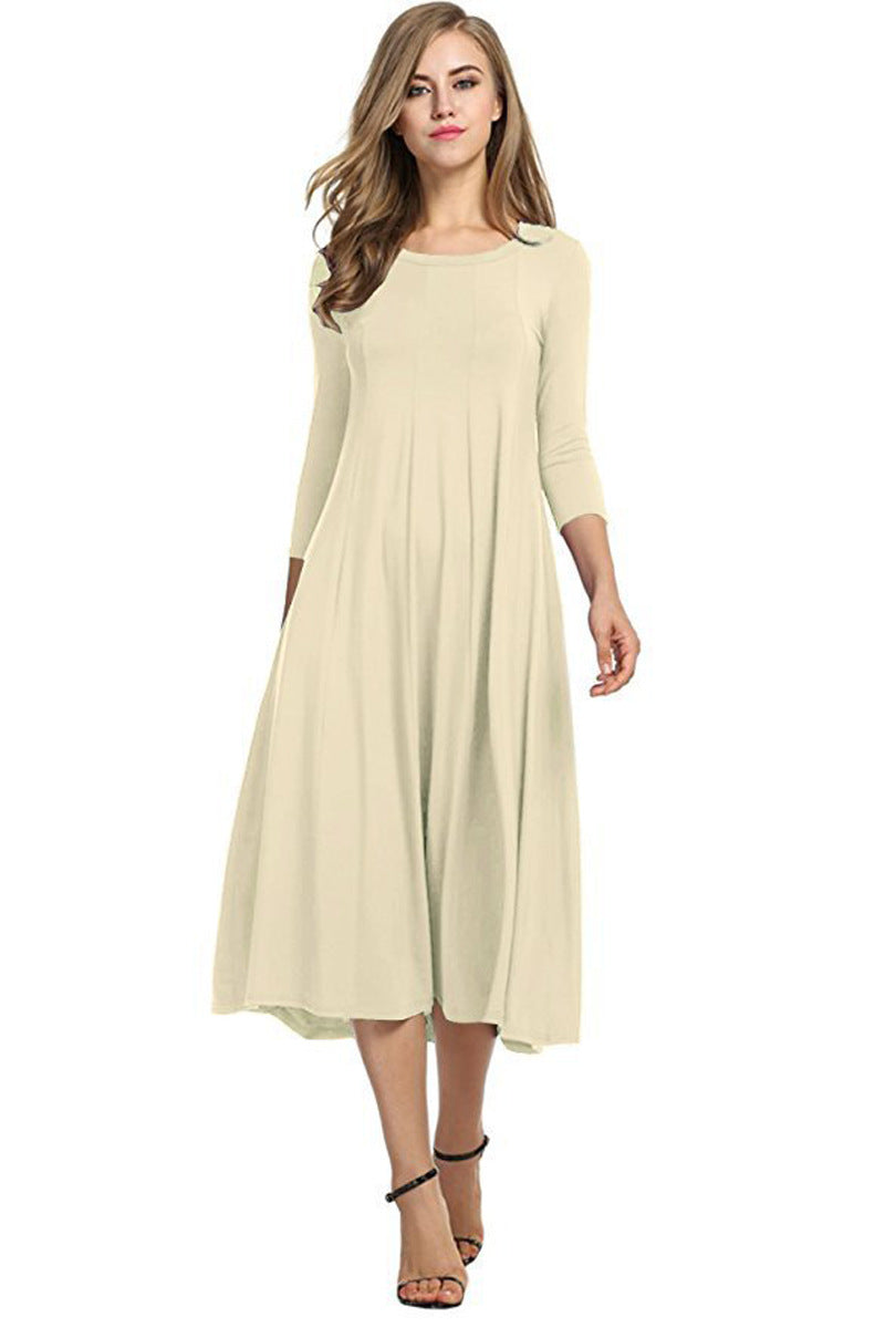 Square Neck 3/4-length Solid Color Midi Dress