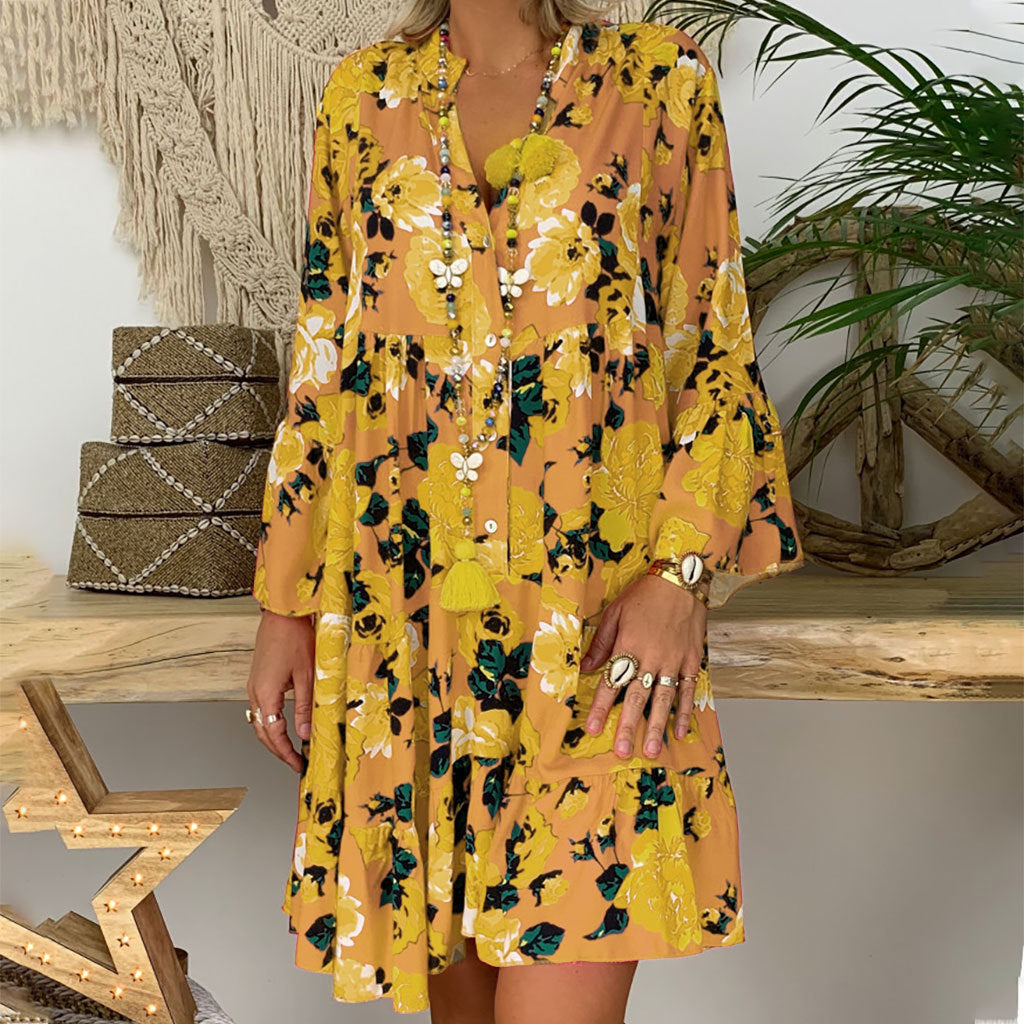Robe florale à col en v à manches longues à manches longues