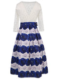 White & Blue Lace Bodice Belted Dress