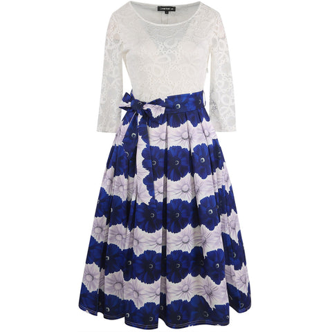 White & Blue Lace Bodice Belted Dress
