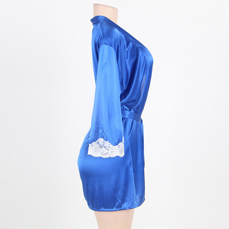 Plus Size Smooth Lace Opaque Tie Robe