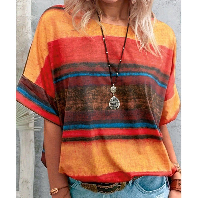 Bohemian Striped Watercolor Style Short Sleeved Tee - THEONE APPAREL