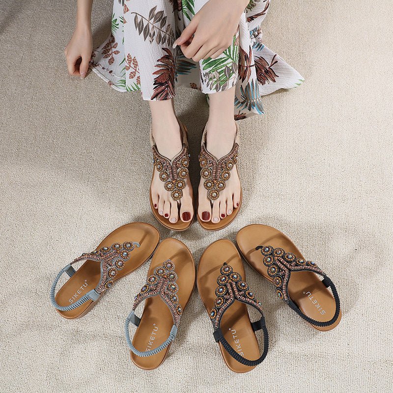 Boho Chic Colorful Stone and Rhinestone Ankle Sandals - THEONE APPAREL