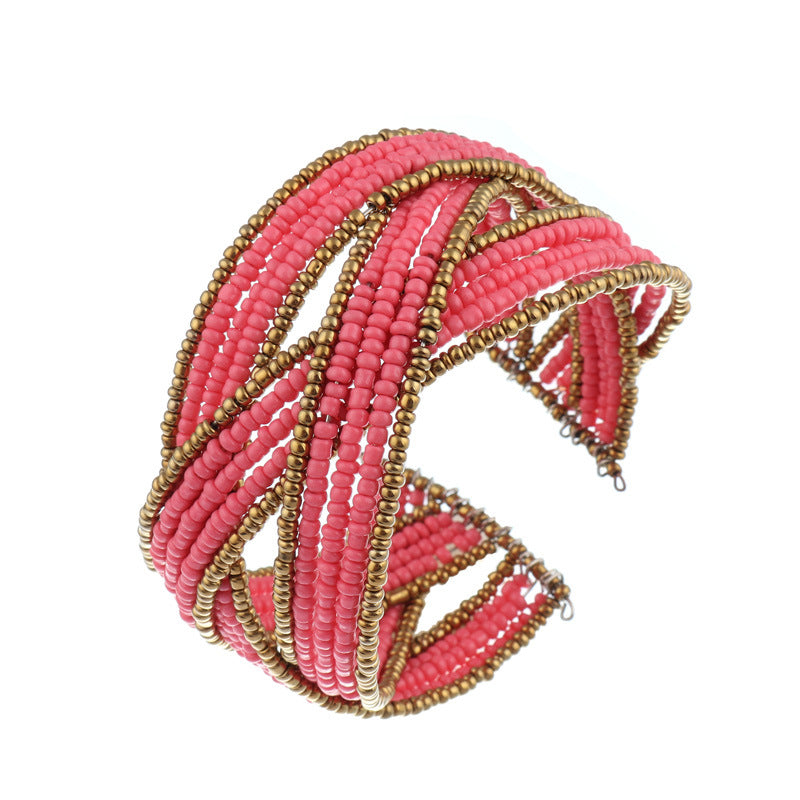 Criss Crossed Beaded Cuff Bracelet-Pink-Theone Apparel
