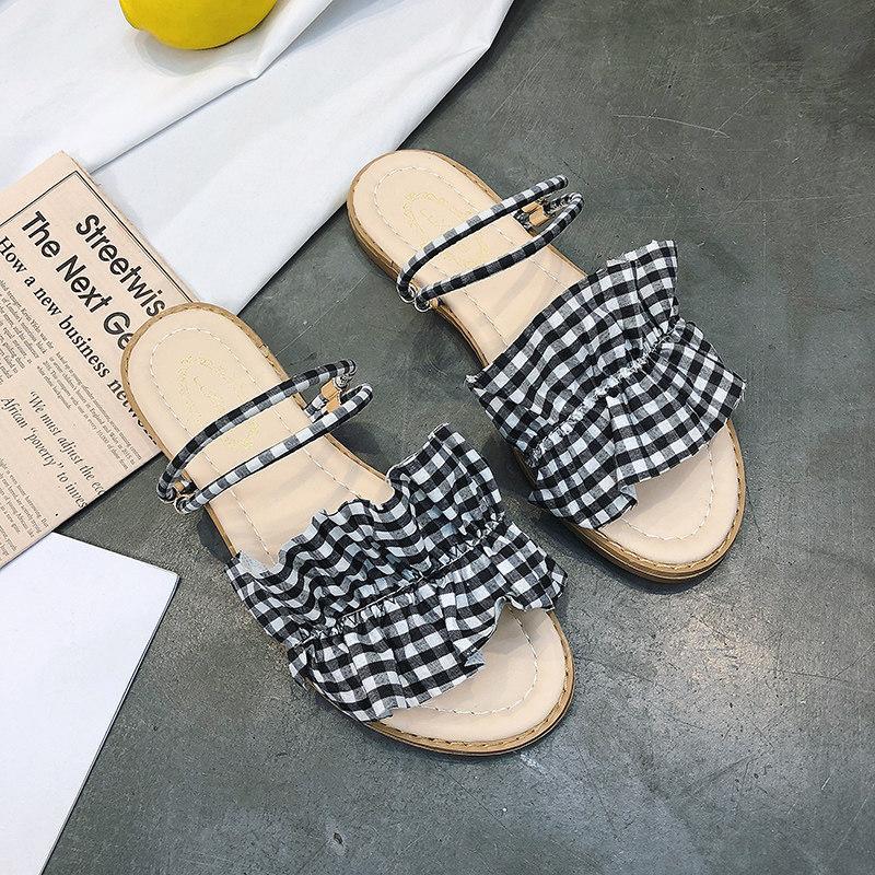 Faux Leather Ruffle Strap Sliders-Black/White-Theone Apparel