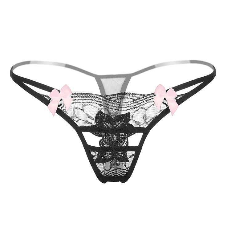 Floral Applique Lace Thong Panty-Black-Theone Apparel