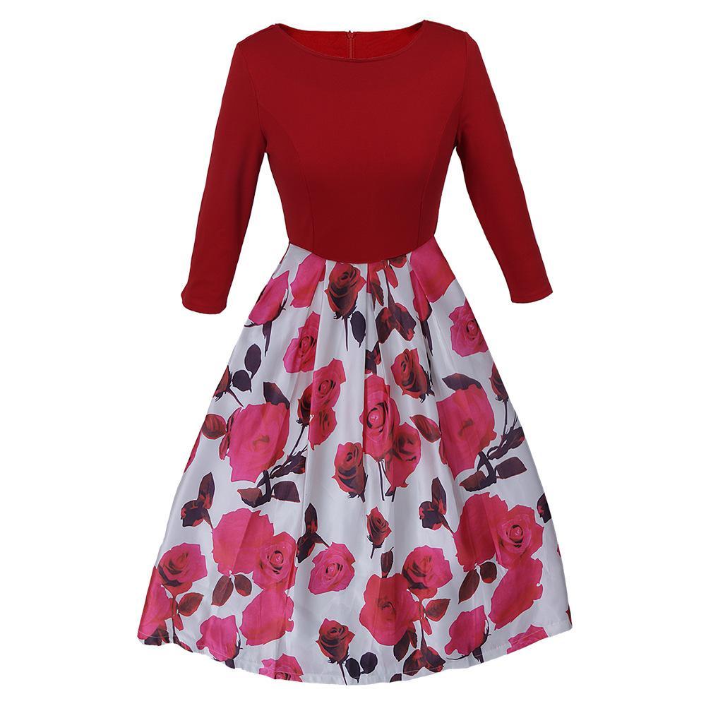 Floral Skirt Long Sleeve Dress-Red-Theone Apparel