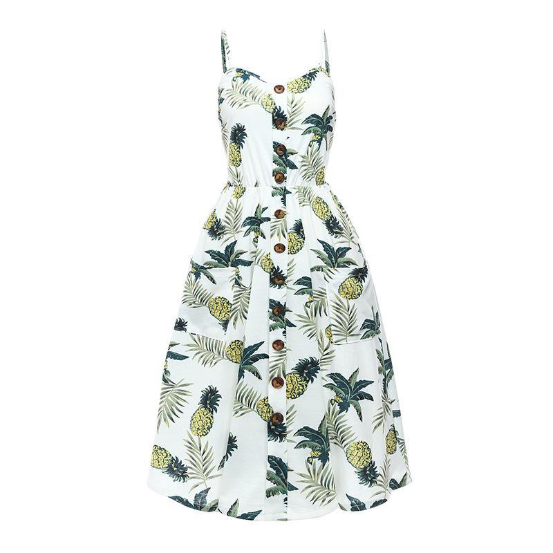 Flower Print Button Up Summer Dress-White/Green-Theone Apparel