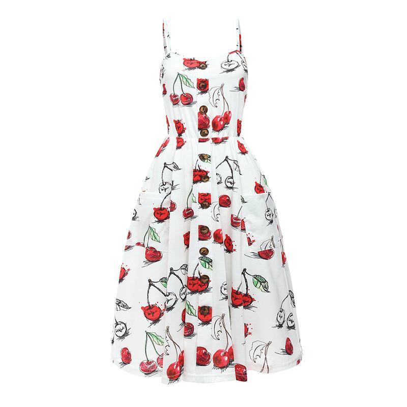 Flower Print Button Up Summer Dress-White/Red-Theone Apparel