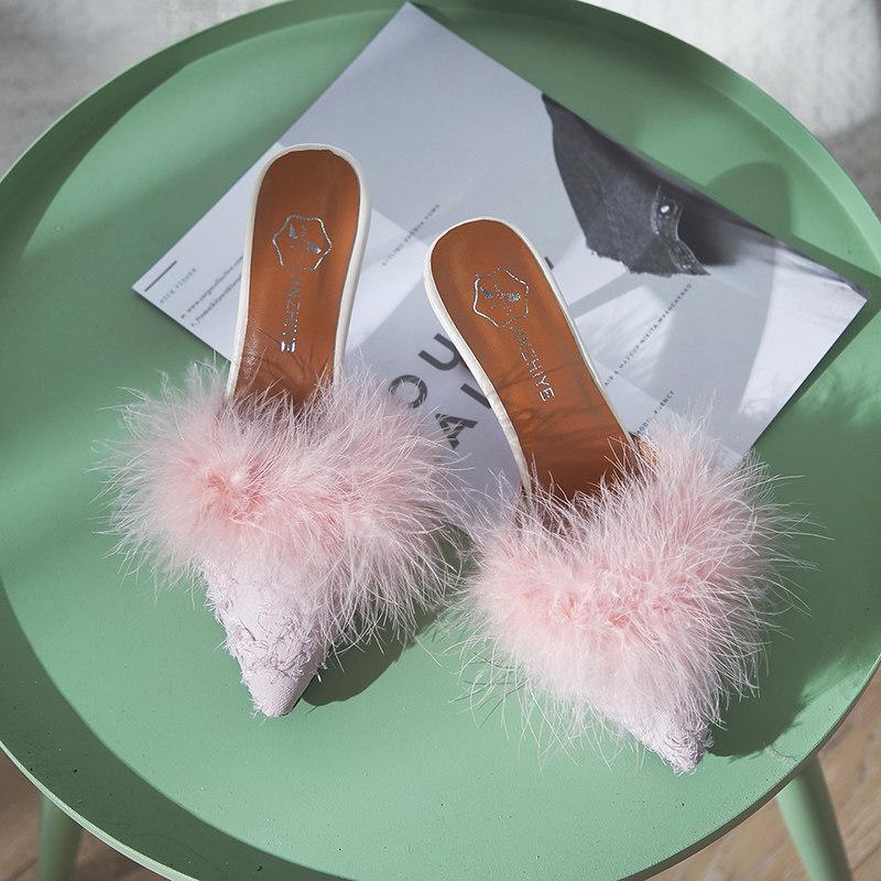 Fur Trim Pointed Toe Kitten Heels-Pink-Theone Apparel