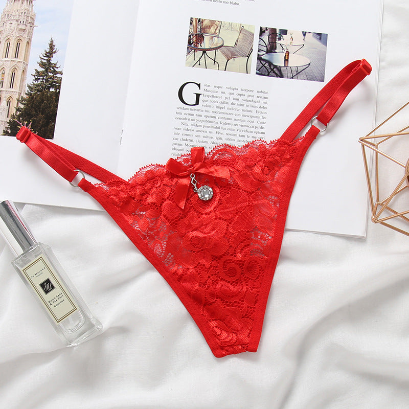 High Waist Lace Thong with Jeweled Center-Red-Theone Apparel