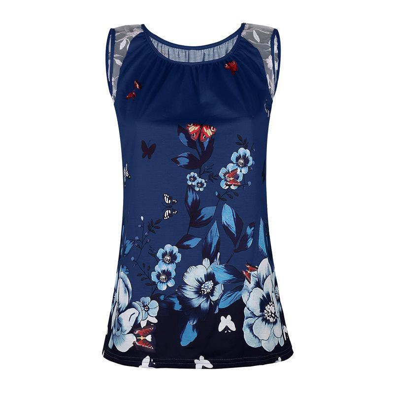 Lace Cutout Butterfly Print Top-Dark Blue-Theone Apparel