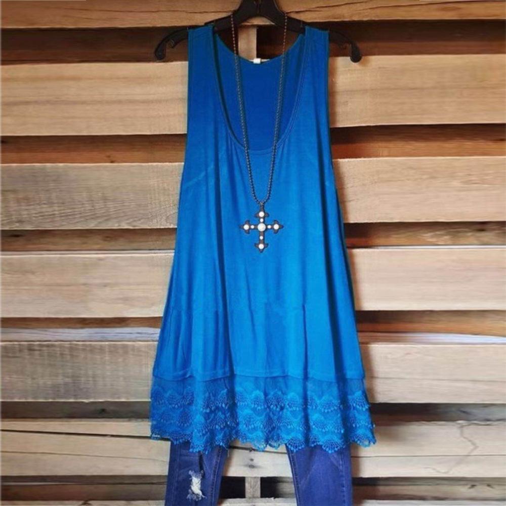 Lace Hem Loose Fit Tank Top-Dark Blue-Theone Apparel