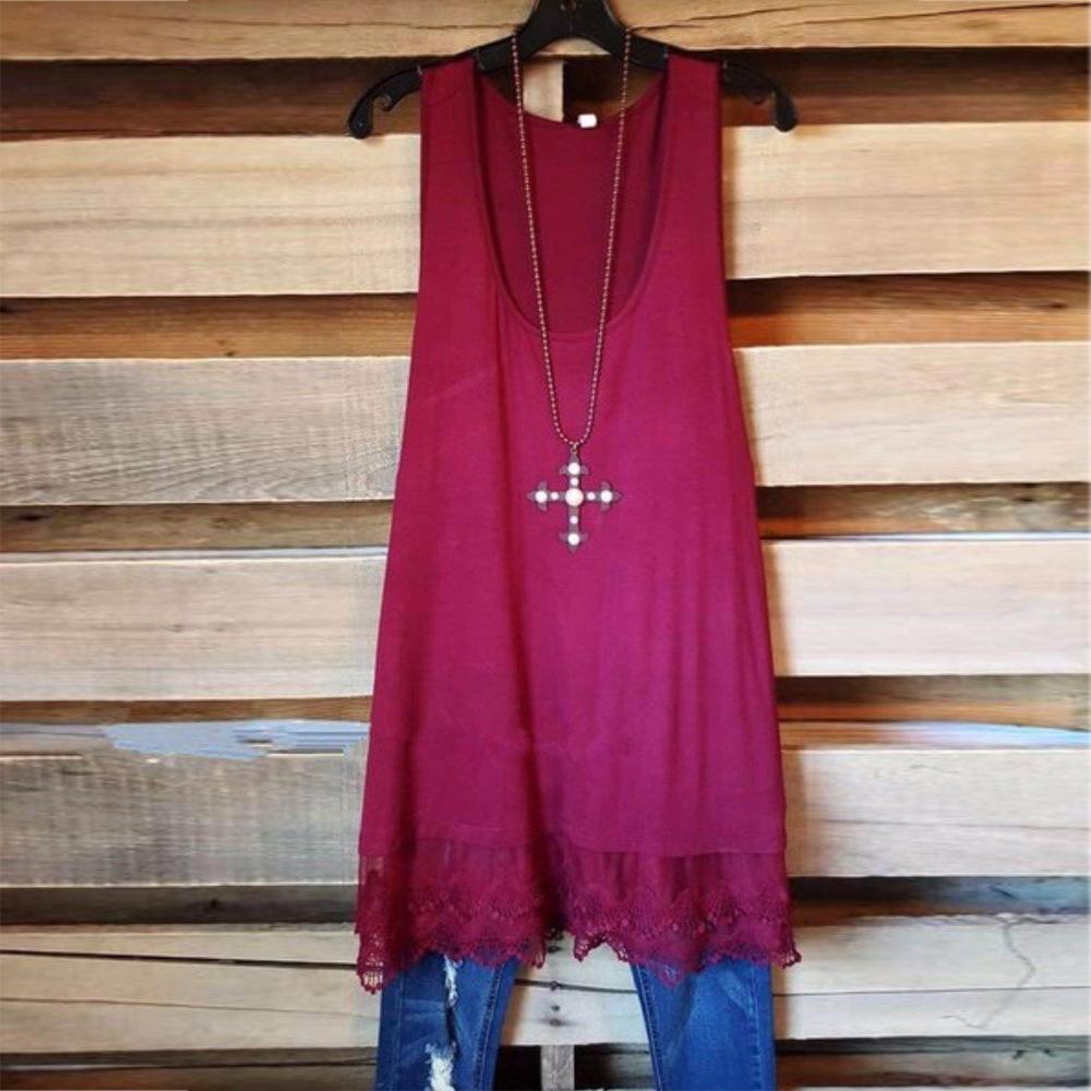 Lace Hem Loose Fit Tank Top-Dark Red-Theone Apparel