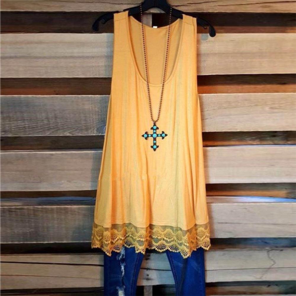 Lace Hem Loose Fit Tank Top-Orange-Theone Apparel