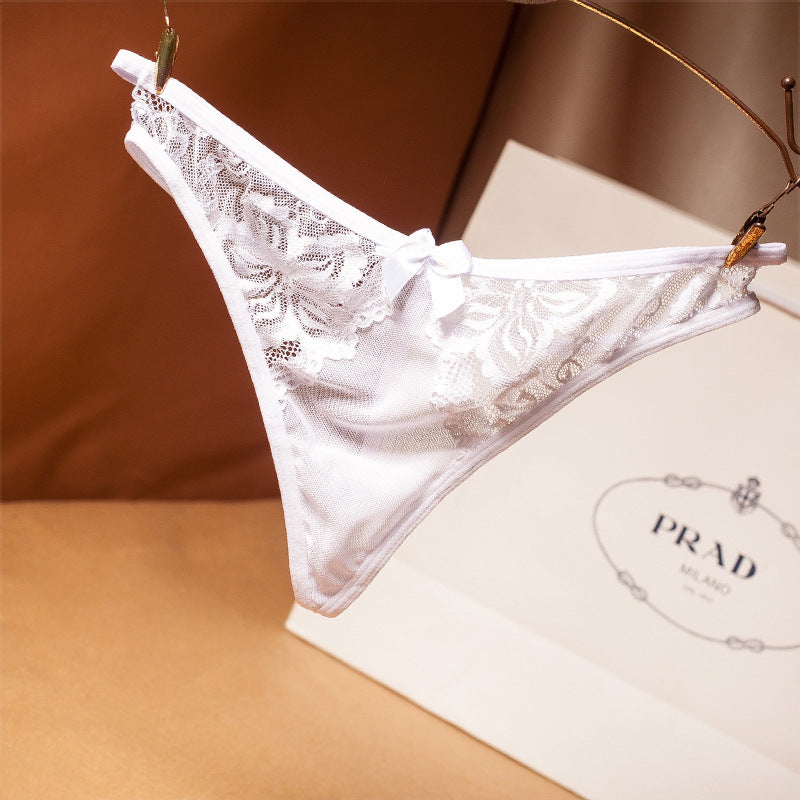 Lace and Bows Transparent Mesh Thong-White-Theone Apparel