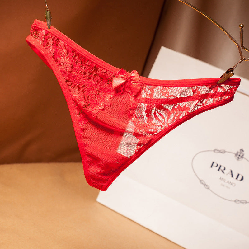 Lace and Bows Transparent Mesh Thong-Red-Theone Apparel