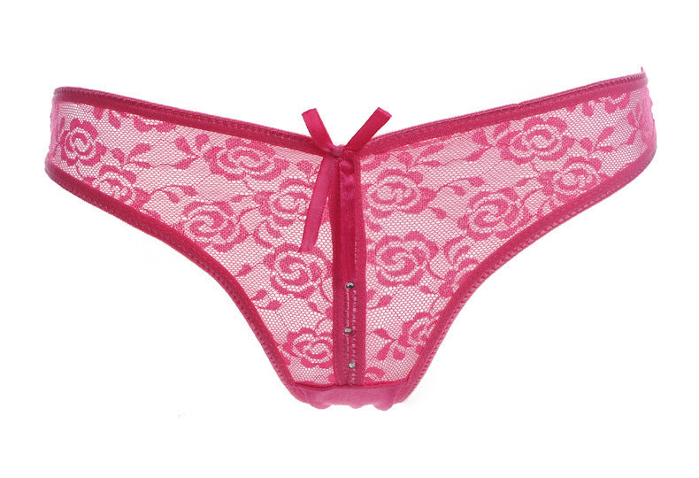 Lacy Low Waist Semi Transparent Bow Thongs-Rose Red-Theone Apparel
