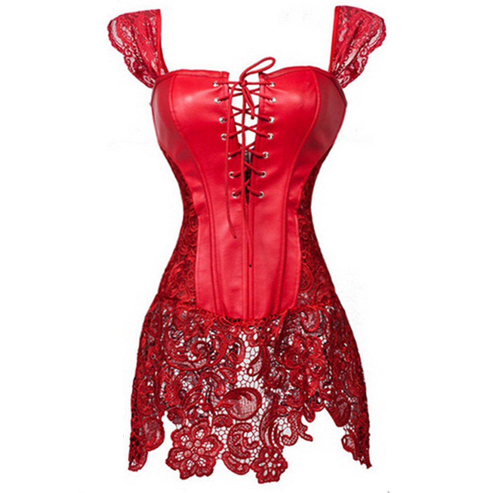 Leathery Lace Skirted Lingerie Corset-Red-Theone Apparel