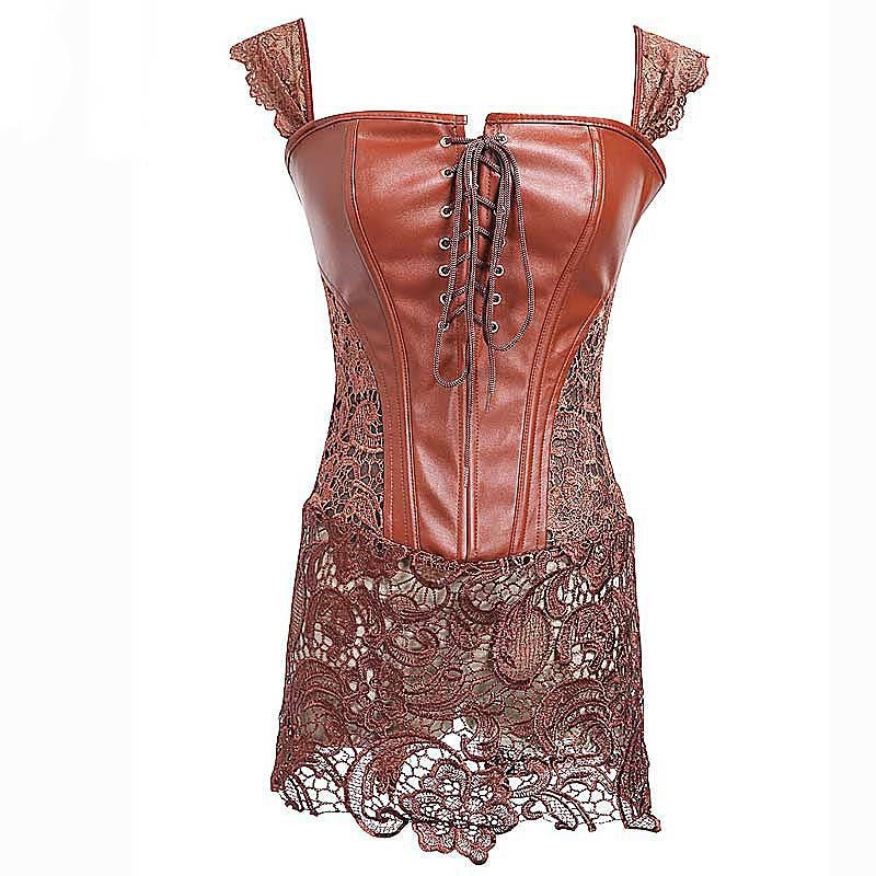 Leathery Lace Skirted Lingerie Corset-Brown-Theone Apparel