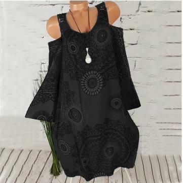 Medallion Print Cold Shoulder Dress-Black-Theone Apparel