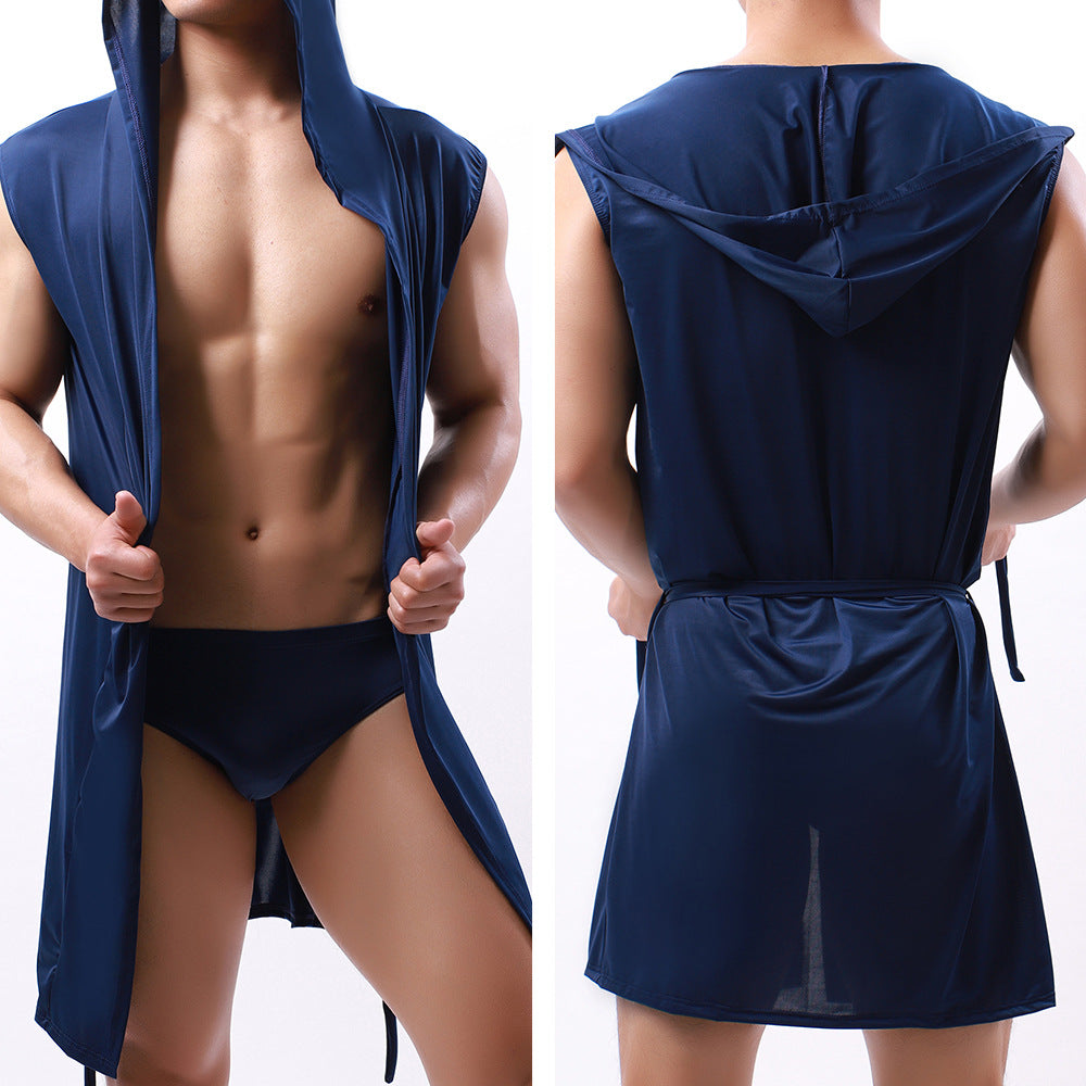 Mens Sexy Sleeveless Hooded Robe-Dark Blue-Theone Apparel
