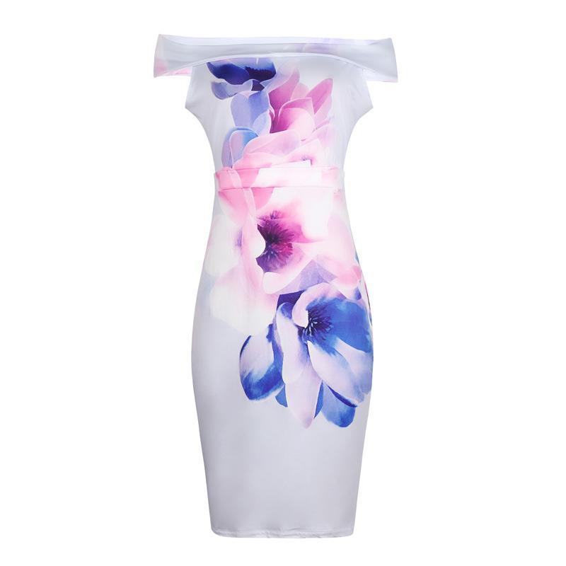 Off Shoulder Floral Watercolor Dress-White/Blue-Theone Apparel