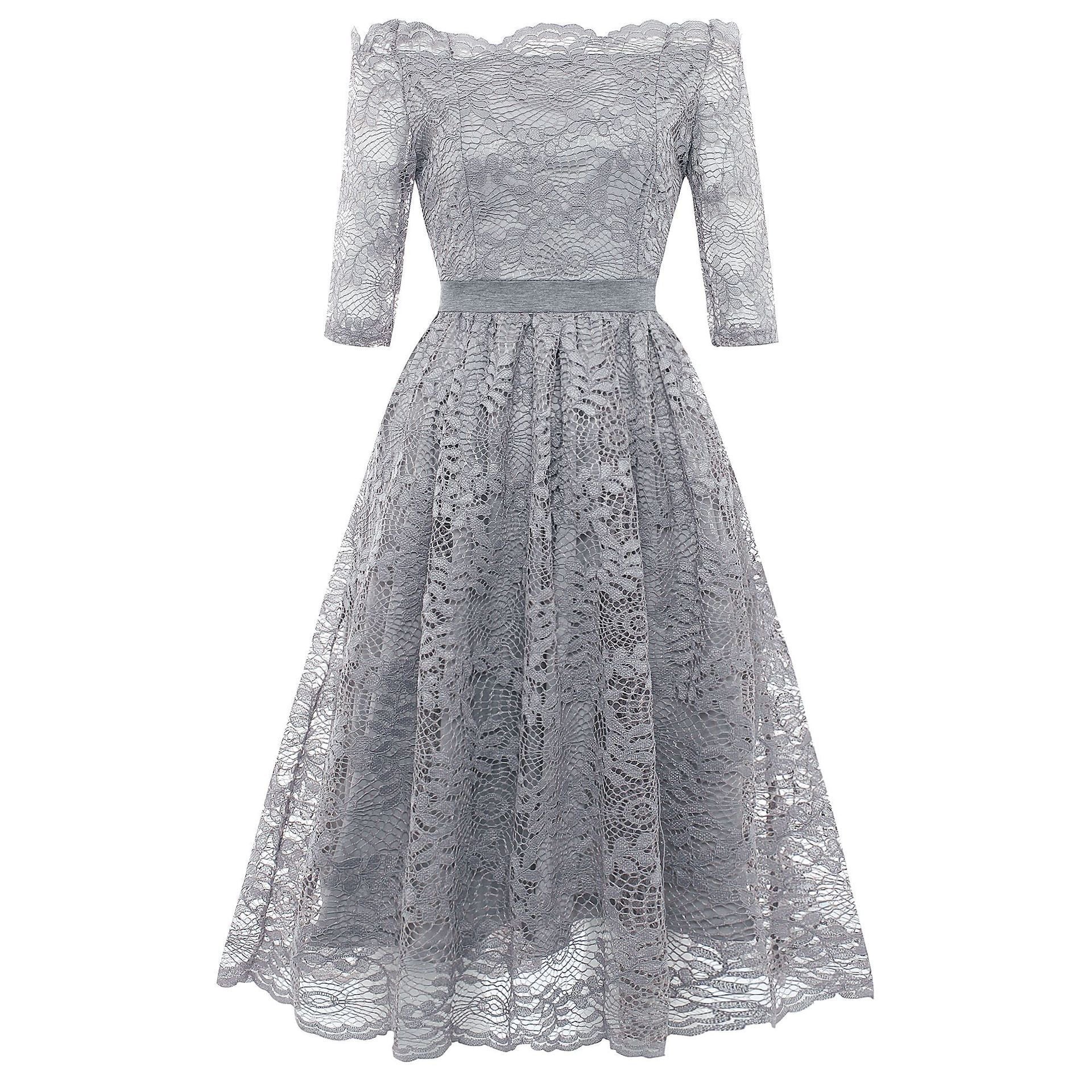 Off Shoulder Lace Hem Dress-Gray-Theone Apparel
