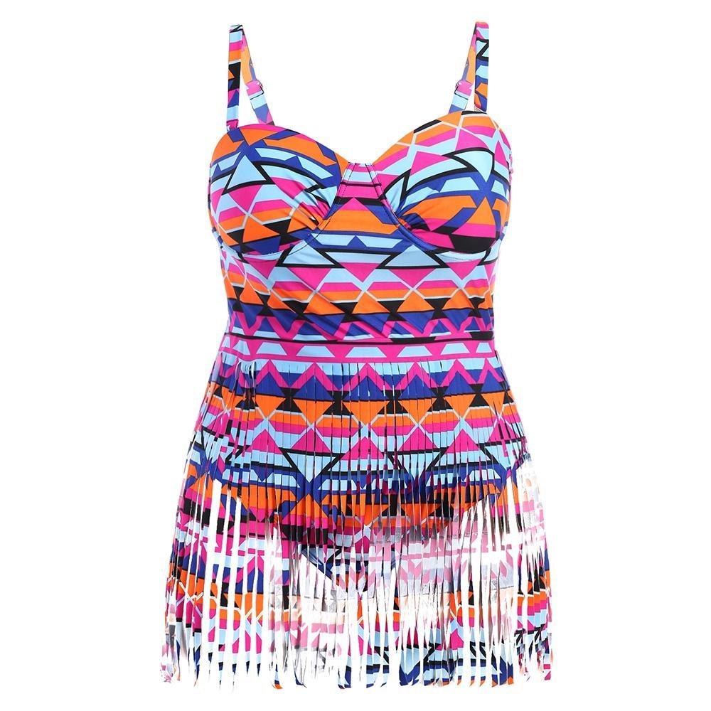 One-piece Spaghetti Strap Bikini With Tassels-Rose Red-Theone Apparel