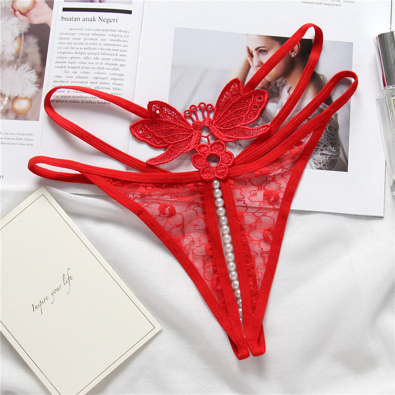 Pearl String and Butterfly Embroidery Thongs-Red-Theone Apparel