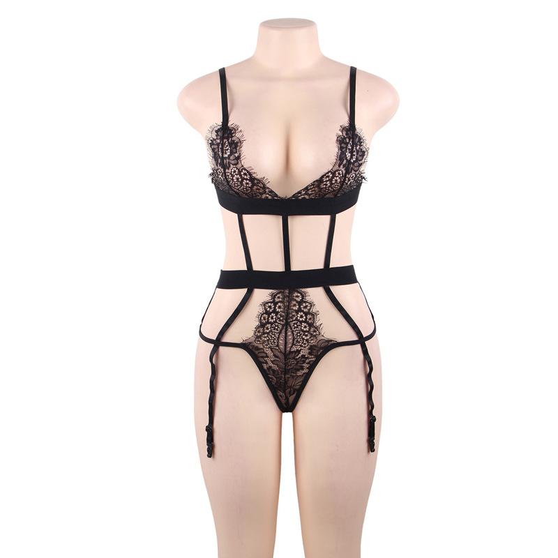 Plus Size Bra & Panty Garter Set-Black-Theone Apparel