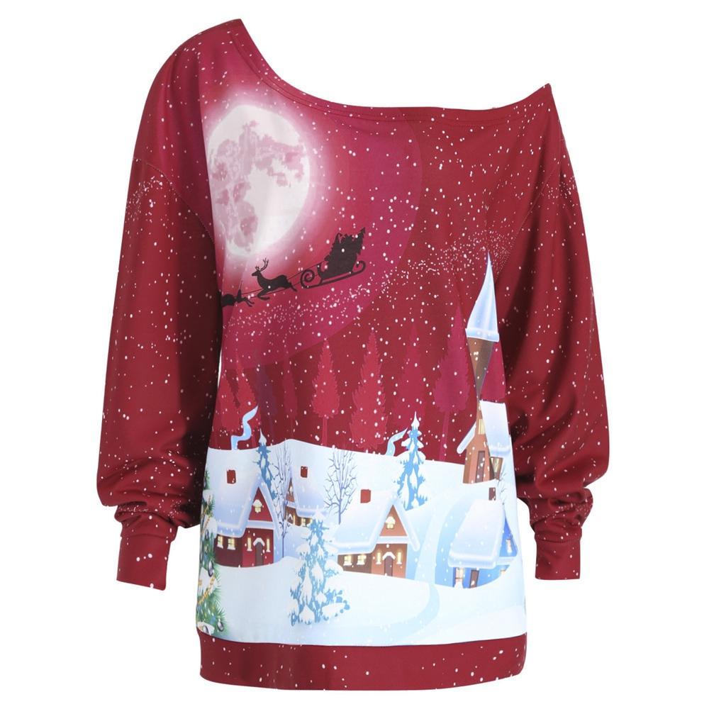 Plus Size Christmas Skew Neck Sweatshirt-Bright Red-Theone Apparel