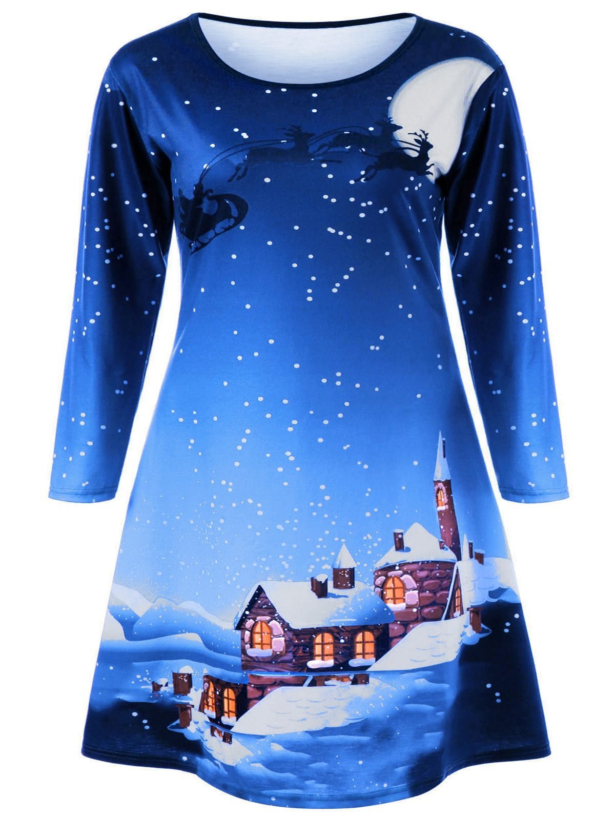 Plus Size Long Sleeve Christmas Dress-Blue-Theone Apparel