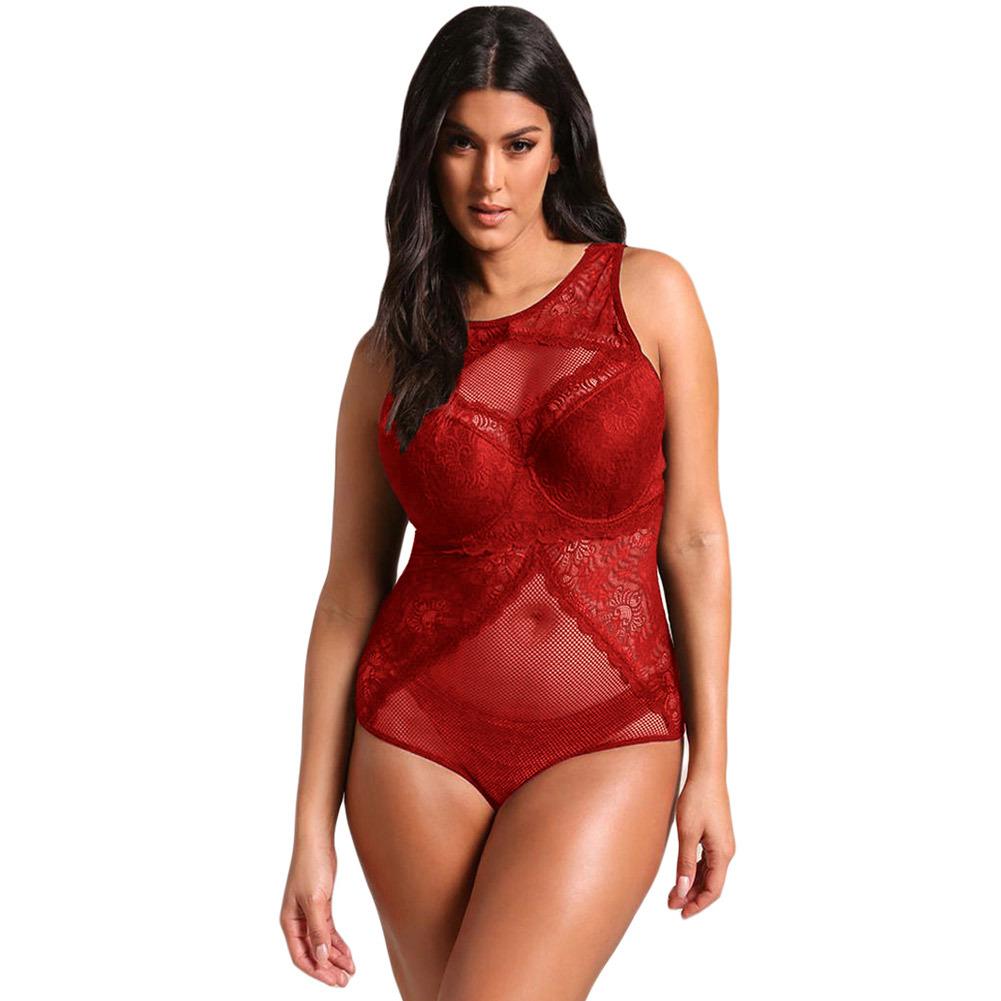 Plus Size Mesh & Lace Teddy Romper-Red-Theone Apparel