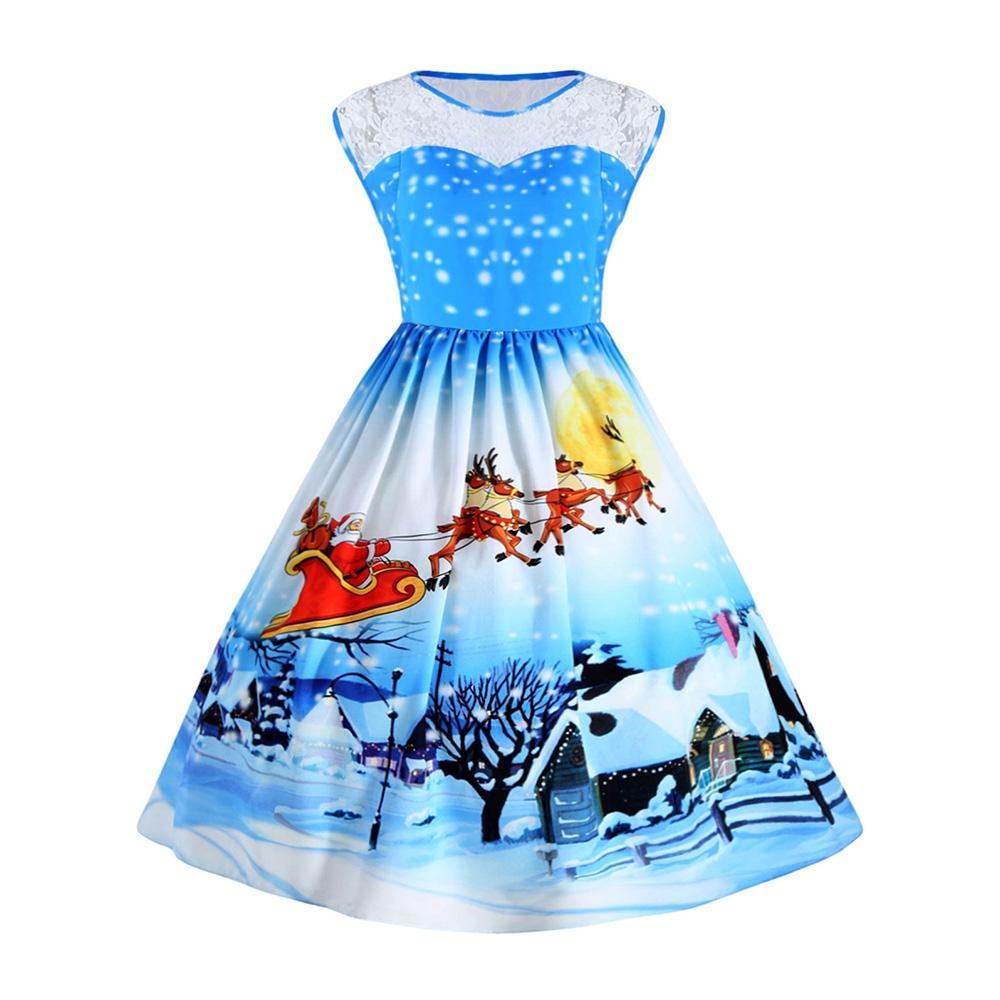 Plus Size Vintage Christmas Ball Dress-Blue-Theone Apparel