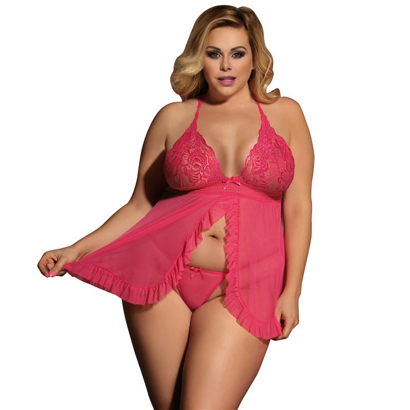Conjunto de encaje transparente con frente abierto de talla grande