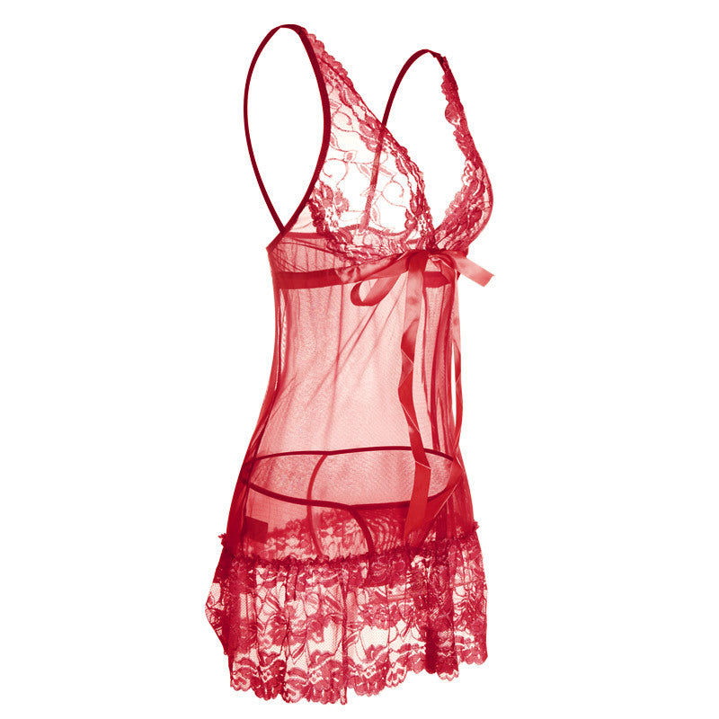 Ruffly Lace Hem Babydoll Lingerie Set-Red-Theone Apparel